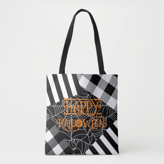 Tote Bag Halloween noir et blanc Spiderweb Patchwork (Devant)