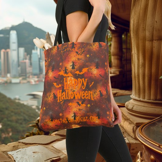 Tote Bag Halloween personnalisé avec chauves-souris, sorciè