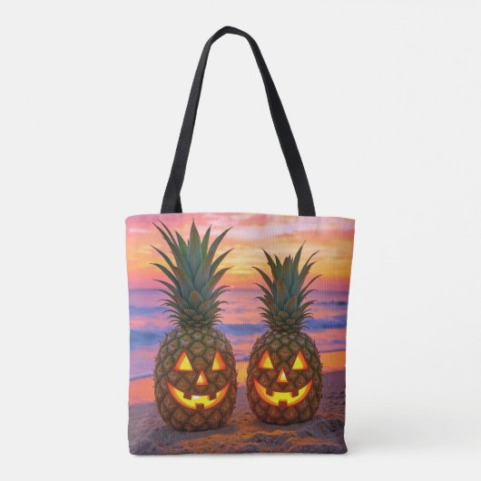 Tote Bag Halloween Pineapple Jack-o-lanterns On a Beach (Dos)