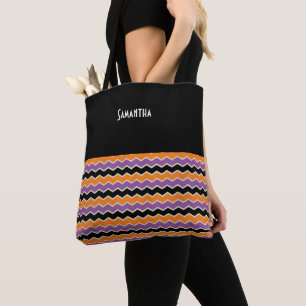 Tote Bag Halloween Retro 1950 Chevron Black Orange Nom