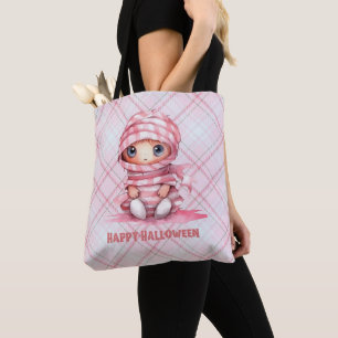 Tote Bag Halloween rose et blanc maman rose plaid