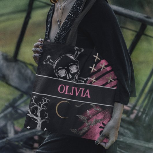 Tote Bag Halloween rose et noir réutilisable
