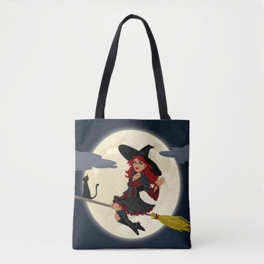 Tote Bag Halloween sorcière, chat et lune (Devant)