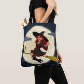 Tote Bag Halloween sorcière, chat et lune (De près)