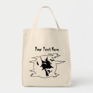 Tote Bag Halloween sorcière pilon à balai avec chat et chau
