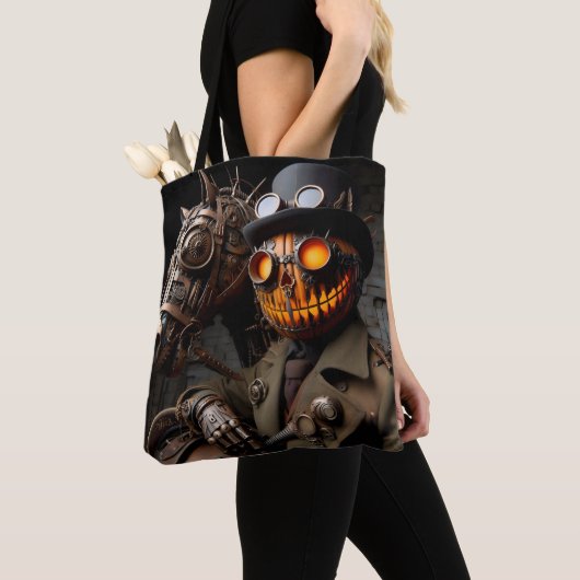 Tote Bag Halloween Steampunk Jack-O-Lantern Horseman (De près)