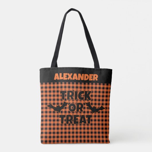Tote Bag Halloween Trick or Treat Orange & Black Plaid Name (Dos)