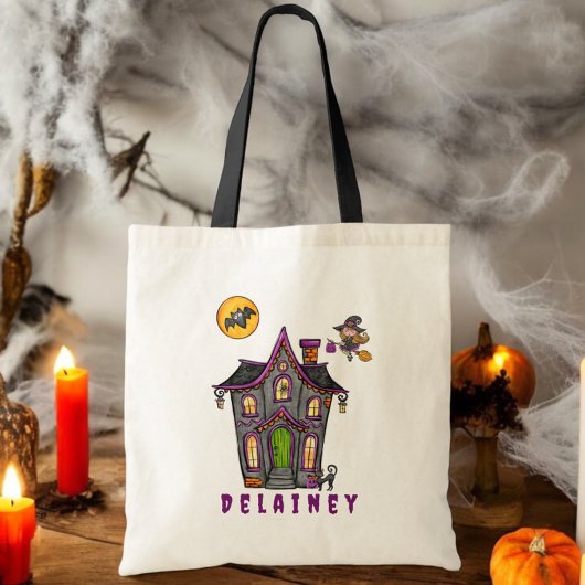 Tote Bag Halloween Trick Treat Haunted House Witch