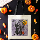 Tote Bag Halloween Tricoter ou traiter Chat noir Nom de cha