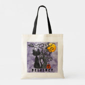 Tote Bag Halloween Tricoter ou traiter Chat noir Nom de cha (Dos)