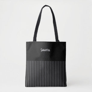 Tote Bag Halloween Vintage Noir Gris Bandes Verticales Nom