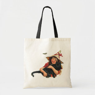 Tote Bag Halloween vintage, Sorcière fille avec chat noir