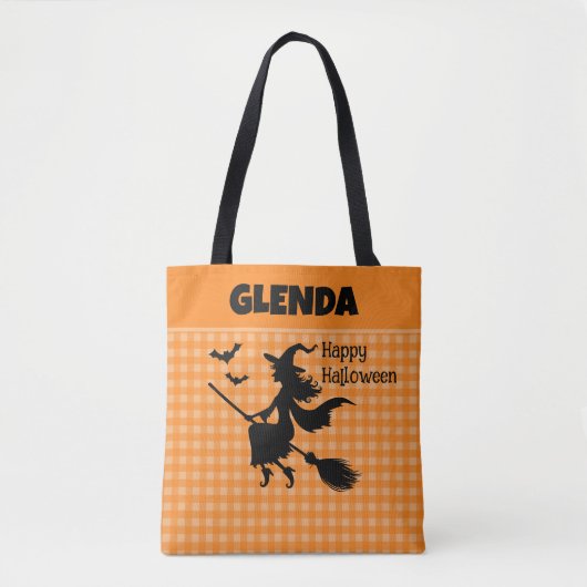 Tote Bag Halloween Witch & Bats Orange Plaid Custom Name (Devant)