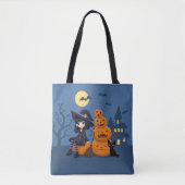 Tote Bag Halloween Witch, Chat noir et Citrouille (Devant)