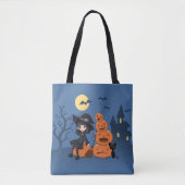 Tote Bag Halloween Witch, Chat noir et Citrouille (Devant)