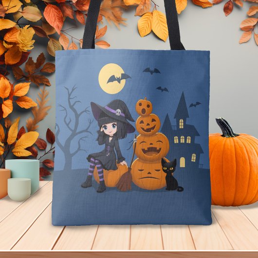 Tote Bag Halloween Witch, Chat noir et Citrouille