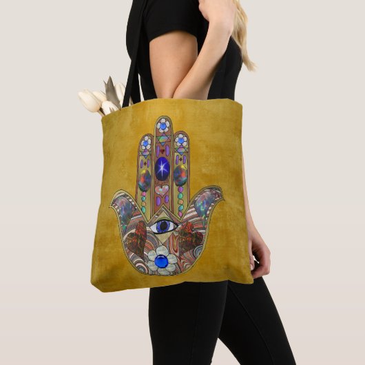 Tote Bag Hamsa Coeurs Fleurs Opal Art sur Or (De près)