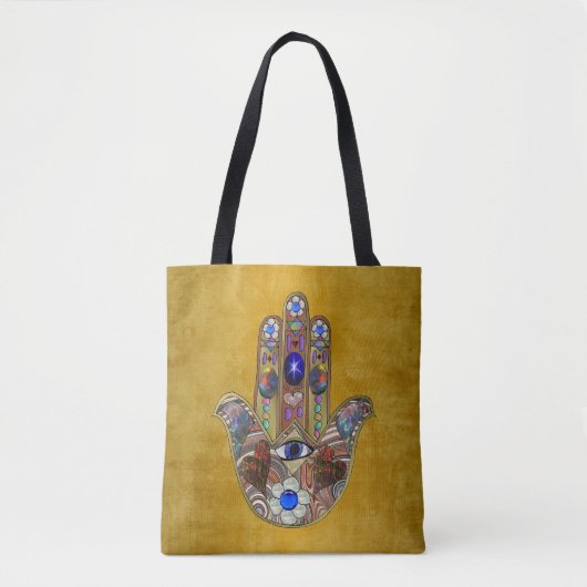 Tote Bag Hamsa Cœurs Fleurs Opale Art sur Or (Devant)