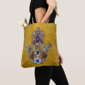 Tote Bag Hamsa Cœurs Fleurs Opale Art sur Or (De près)