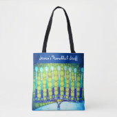 Tote Bag Hanoukka Blue Green Menorah Nom personnalisé tenda (Devant)