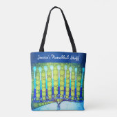 Tote Bag Hanoukka Blue Green Menorah Nom personnalisé tenda (Dos)
