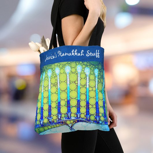 Tote Bag Hanoukka Blue Green Menorah Nom personnalisé tenda