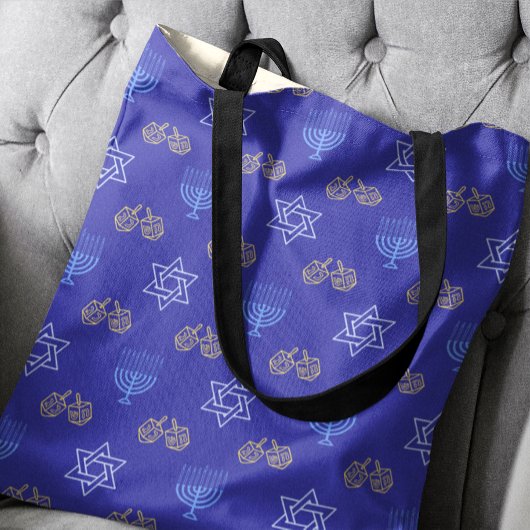 Tote Bag Hanoukka Gold Dreidel Star de David Menorah Blue