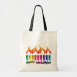 Tote Bag Hanoukka Rainbow Menorah<br><div class="desc">Contemporain menorah arc-en-ciel célébrant la saison des fêtes juives avec les mots Happy Hanoukka. Art original de l'artiste Margaret Loftin Whiting.</div>