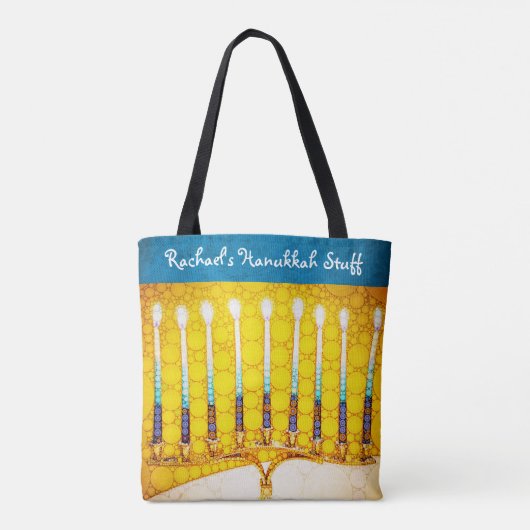 Tote Bag Hanoukka Yellow Gold Menorah Modern Custom Name (Dos)