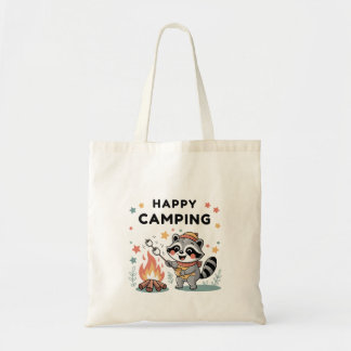 Tote Bag Happy Camping Raccoon, Cartoon de feu de camp mign