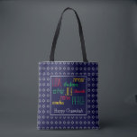 Tote Bag HAPPY CHANUKAH Love Joy Peace BLUE Hebrew<br><div class="desc">Sac fourre-tout festif coloré avec faux argent Star de David en subtil motif arrière - plan. LOVE JOY PEACE, y compris les traductions en hébreu, sont de couleur rouge, jaune et vert. Le texte est personnalisable en coque que vous souhaitez modifier n'importe quoi. HAPPY CHANUKAH est également personnalisable. Partie de...</div>