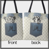 Tote Bag Happy Chat Bleu Floral Pays Plaid Jean Pocket