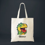Tote Bag Happy Dinosaur Eating Watermelon<br><div class="desc">This adorable personalized kids' tote bag features a joyful green dinosaur taking a big bite out of a juicy watermelon slice, capturing the perfect spirit of a sunny afternoon.</div>