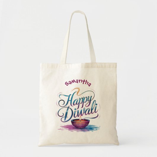 Tote Bag Happy Diwali customisable watercolour diya design (Devant)