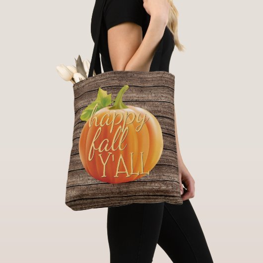 Tote Bag Happy Fall Y'all Orange Citrouille sur Planks Moti (De près)