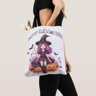 Tote Bag Happy Halloween violet sorcière Citrouilles et cha