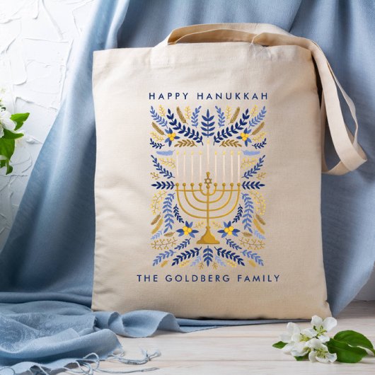 Tote Bag Happy Hanoukka Festive Aquarelle Menorah FOLIAGE