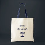 Tote Bag Happy Hanoukka Simple Blue Menorah<br><div class="desc">Joyeux sac fourre-tout Hanoukka,  avec une simple menorah bleue et la typographie de script. Avec des lettres personnalisables en blanc,  vous pouvez ajouter votre propre texte. Une façon festive de profiter de la saison des fêtes.</div>