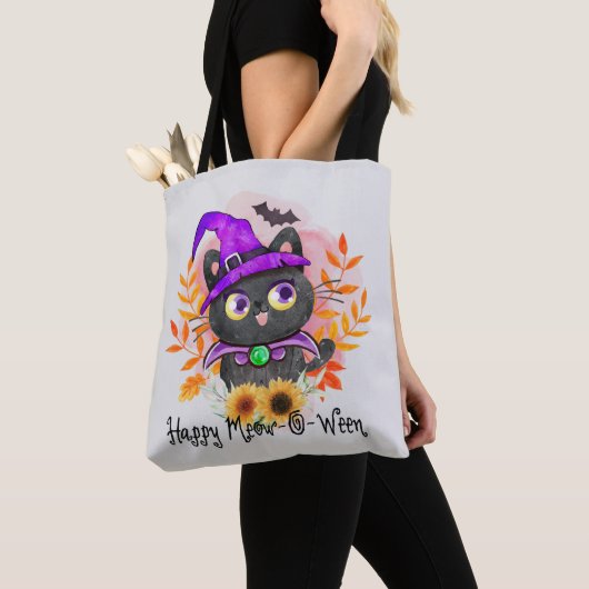 Tote Bag Happy Meow-o-ween -Chat Sorcière Noire (De près)