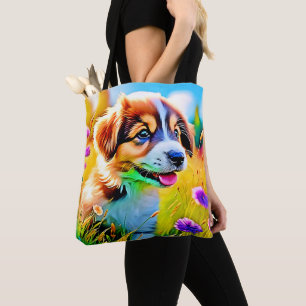 Tote Bag Happy Puppy Meadow Design