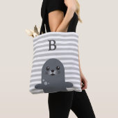 Tote Bag Happy Seal and Grey Stripes Monogramme (De près)