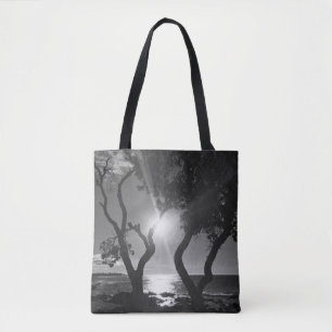 Tote Bag Hawaii Sunlit Trees Shore Black and White Photo