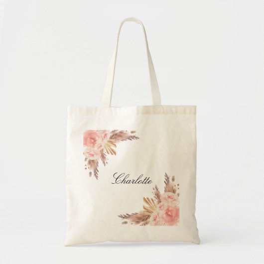 Tote Bag Herbe des Pampas rose gold floral blanc nom (Devant)