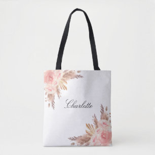 Tote Bag herbe des pampas rose gold floral blanc nom