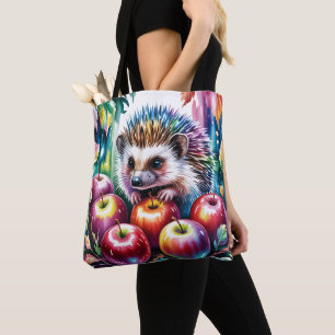 Tote Bag Hérisson aquarelle vibrant avec des pommes d'autom