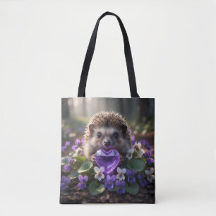 Tote Bag Hérisson mignon de février avec cœur d'améthyste