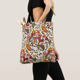 Tote Bag Hérissons et flore de forêt automnale sur ivoire