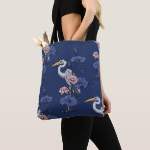Tote Bag Héron dans le jardin de lotus blanc sur jade