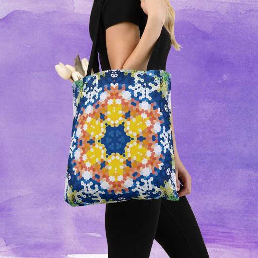 Tote Bag Hex Mandala bleu jaune orange et vert