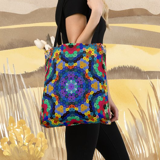 Tote Bag Hex Mandala bleu jaune rouge et vert